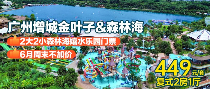 暑期可用~6月周末不加收￥449抢2大2小广州森林海嬉水乐园&金叶子半山/田园复式泡池两房游玩套票，椰林白沙滩、游船、森林温泉、抓鱼摸虾、萌宠全场通玩！有效期至25年10月7日