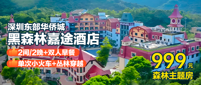 【深圳华侨城I2间/2晚】赠3人小火车+丛林穿越+每日早餐￥999元黑森林嘉途酒店森林大/双床房，畅玩超900m²室内儿童乐园+4500m²丛林游乐场！！！