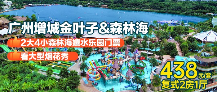 国庆可用~来看大型烟花秀啦！￥438抢2大4小广州森林海嬉水乐园&金叶子半山/田园复式泡池两房游玩套票，椰林白沙滩、游船、森林温泉、抓鱼摸虾、萌宠全场通玩！