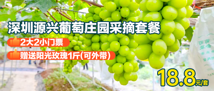 【深圳网红采摘】18.8元抢源兴葡萄庄园2大2小家庭采摘套餐(也可3大)＋赠送阳光玫瑰1斤！！